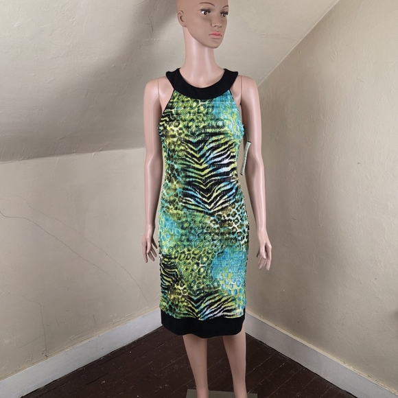Joseph Ribkoff NWT Dress Size 6 Green Blue Animal Print Ruched Sheath